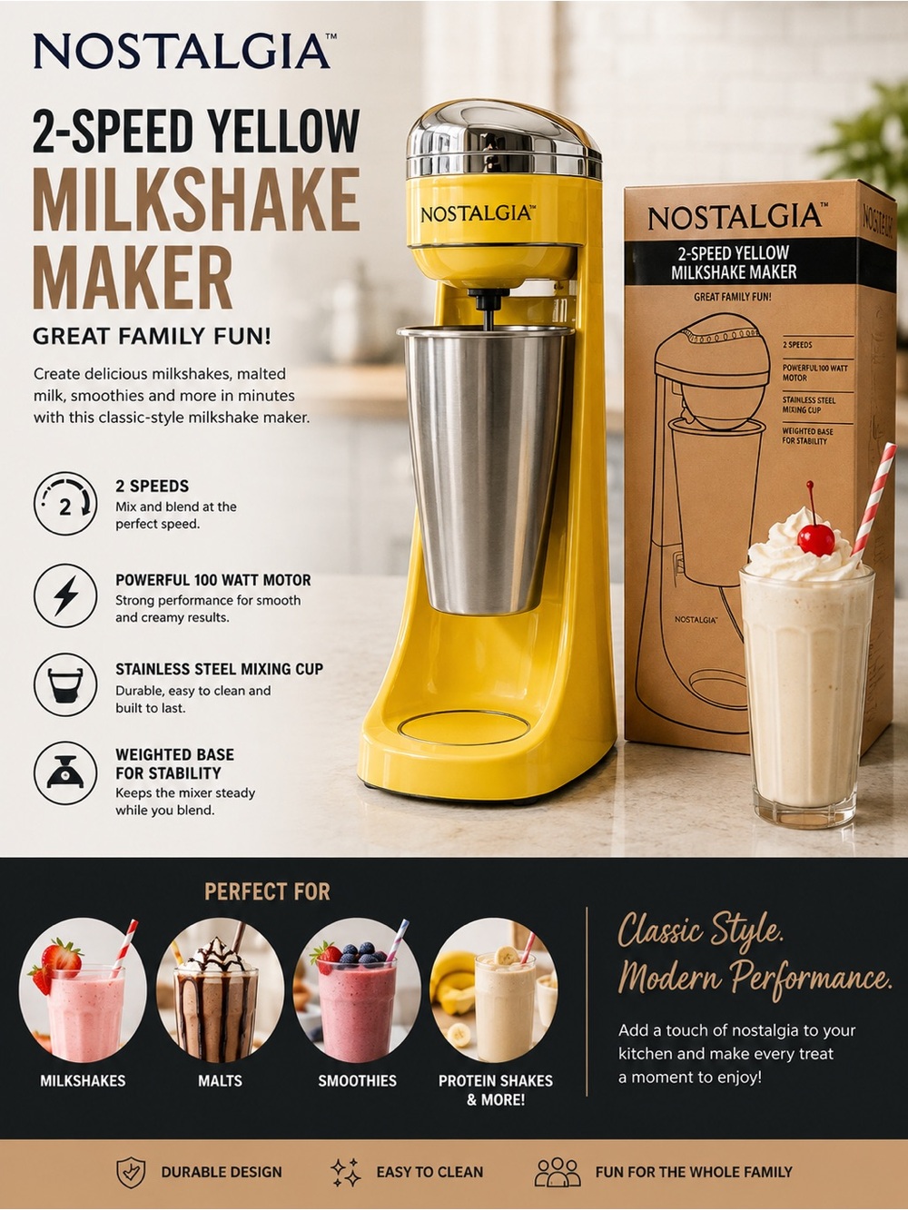 Nostalgia Yellow 2-Speed Milkshake Maker